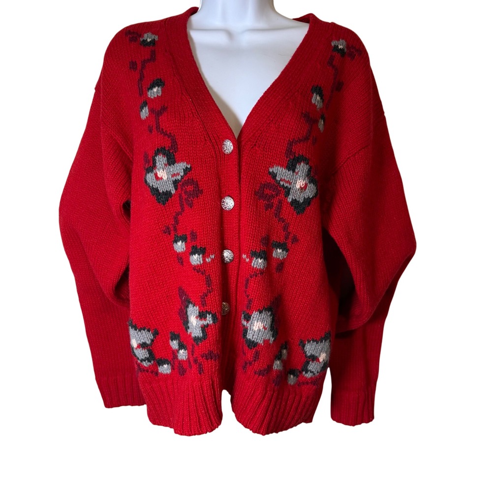 Shetland Wool Floral Embroidered Red Cardigan Sweater S Grandmacore Retro VTG